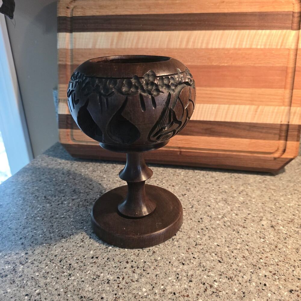 Vintage Chalice Style Candleholder with Carved Elephant and Rhino